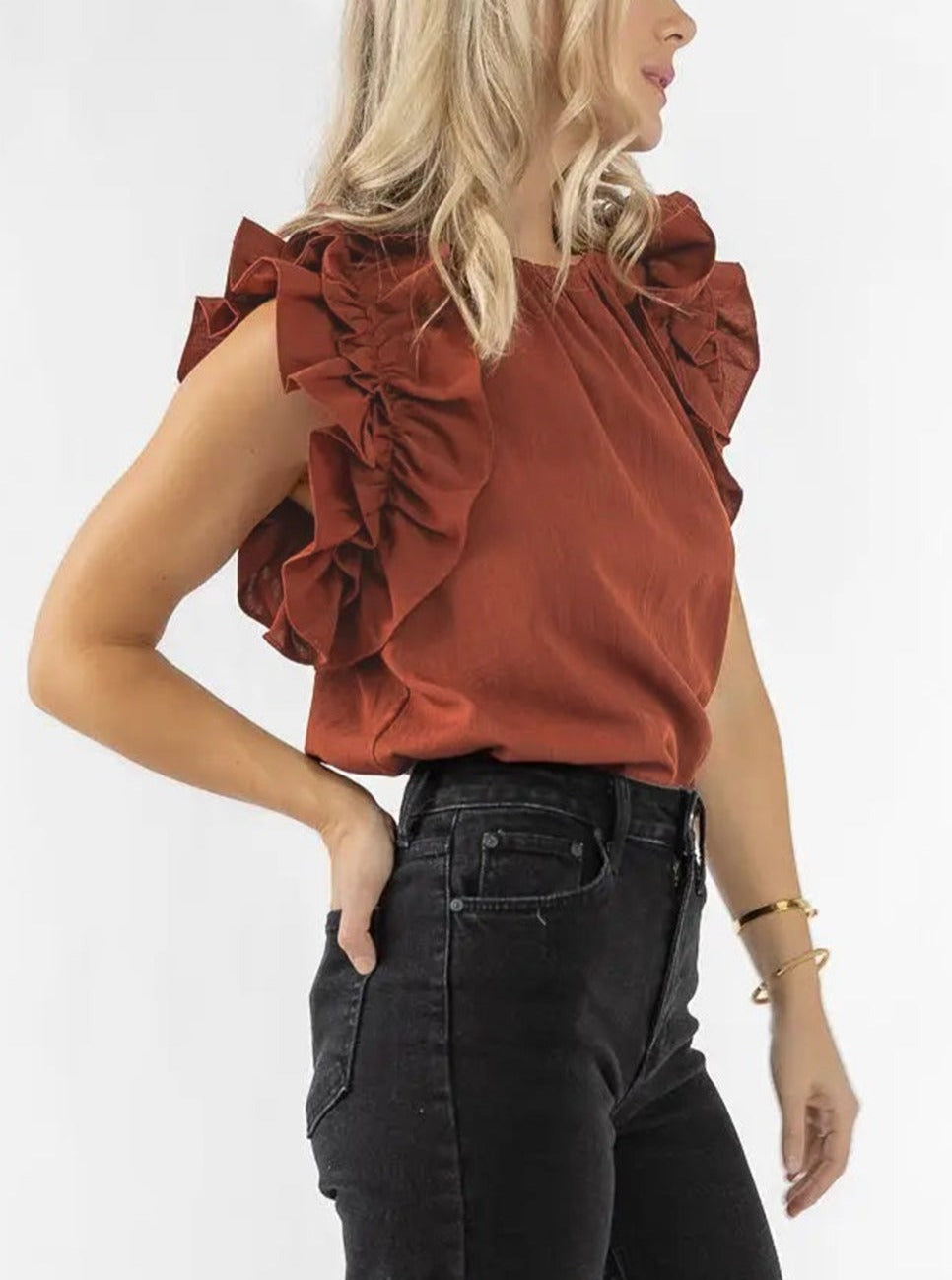 Ruffle Trim Sleeveless Blouse, S-XL