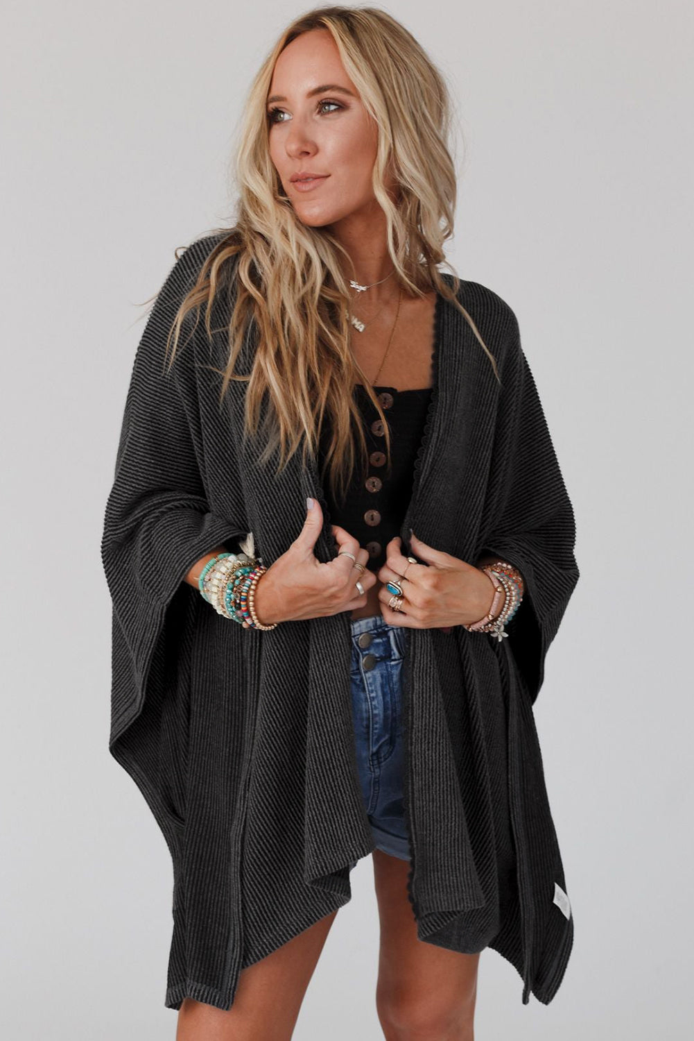 Lace Trim Ribbed Oversize Kimono, one size, two color choices