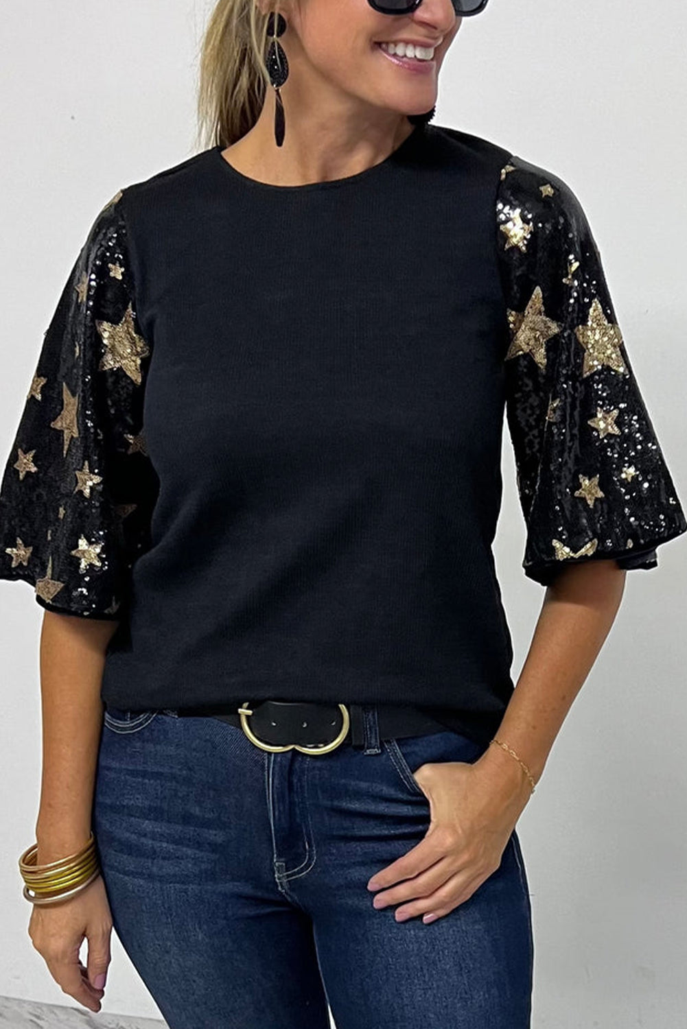 Black Star Sequin Splicing Half Sleeve Top, S-XL