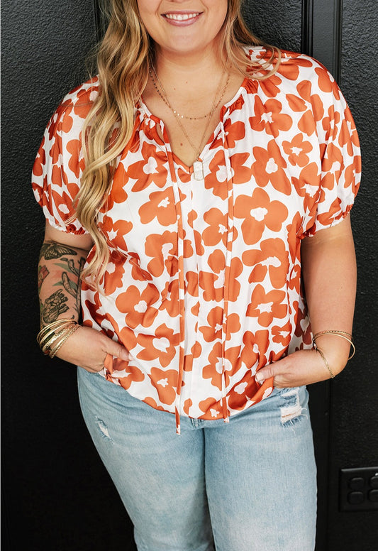 Floral Print Drawstring V Neck Short Sleeve Blouse, 1XL-3XL