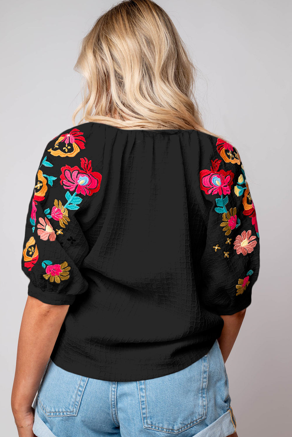 Floral Embroidered Ricrac Puff Sleeve Textured Blouse, S-2XL, two color choices