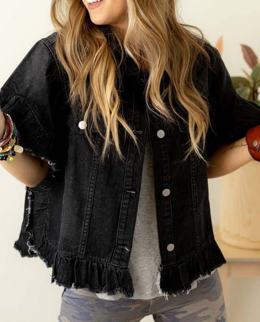 Raw Edge Ruffled Short Sleeve Denim Jacket, S-2XL