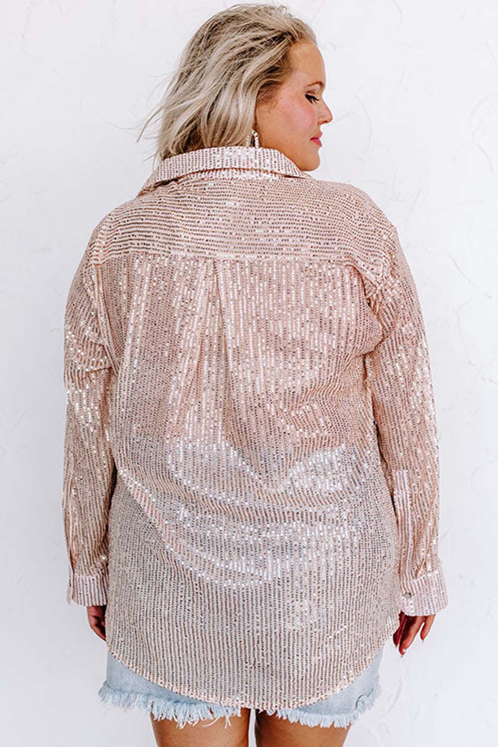 Apricot Sequin Long Sleeve Button-Up Shirt, 1XL-3XL