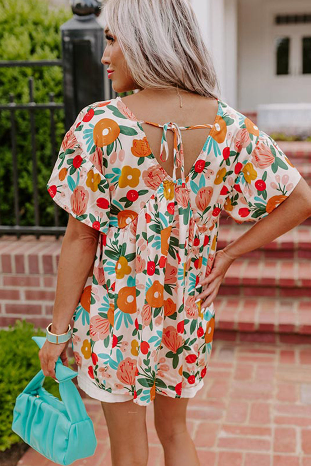 Floral Print Short Sleeve V Neck Tied Back Blouse, S-XL