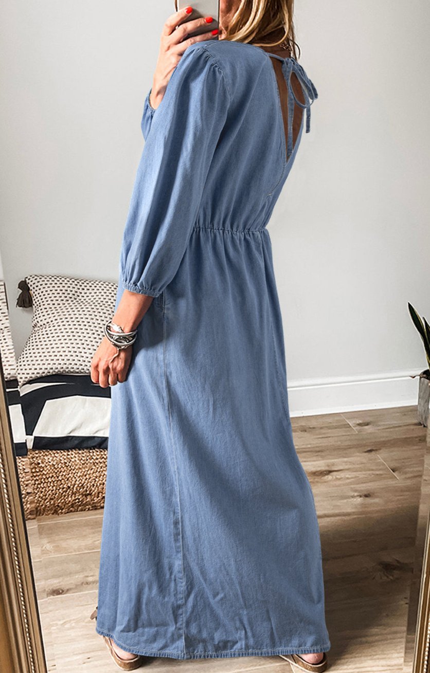 Chambray Deep V Neck Bracelet Sleeve Maxi Dress, S-XL