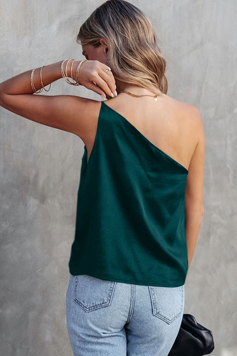 Satin One Shoulder Loose Tank Top, XS-2XL, four color choices