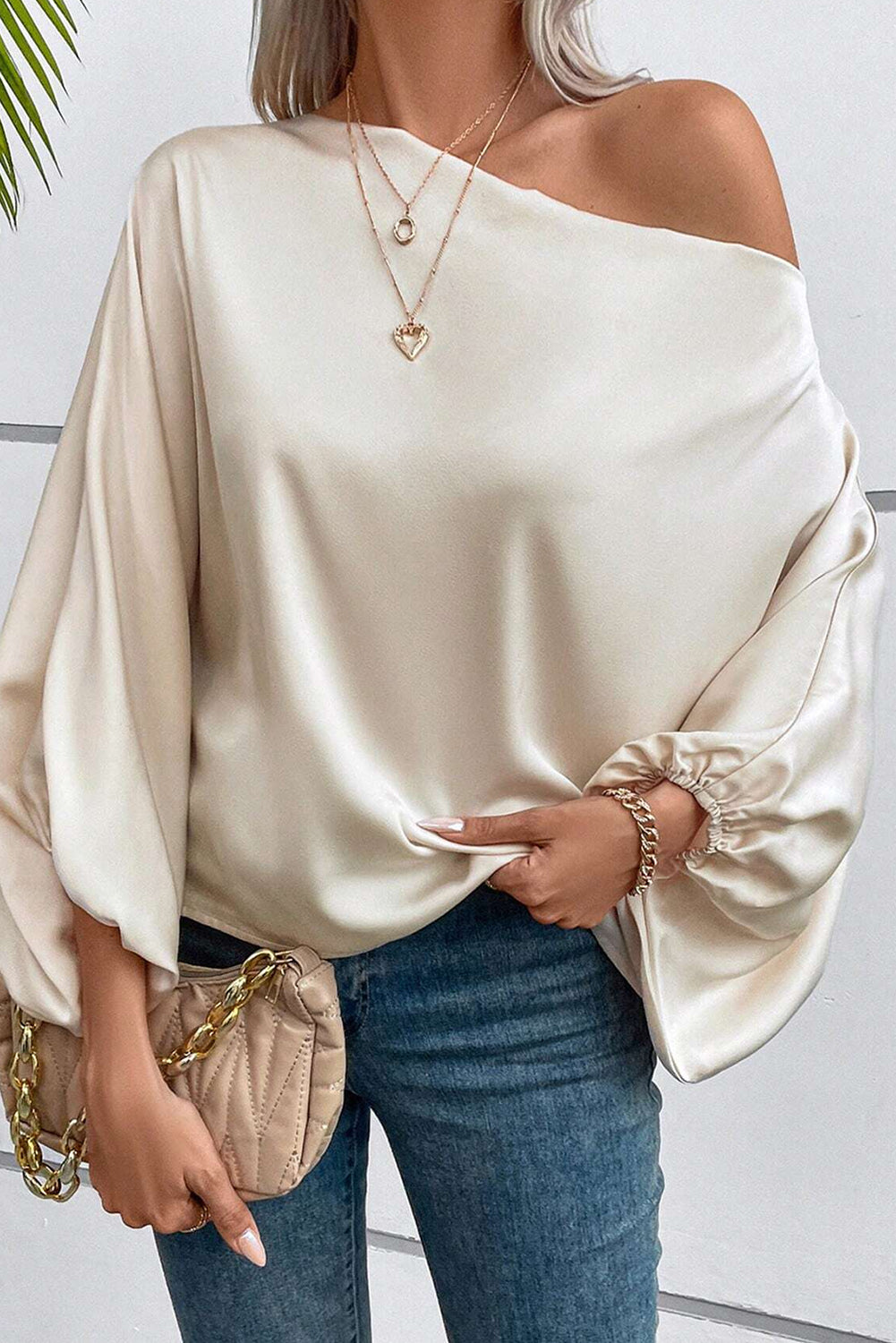 Asymmetrical Neck Balloon Sleeve Satin Blouse, S-XL