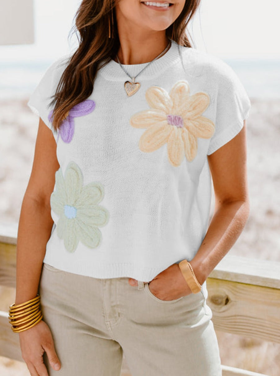 Crochet Flower Knit Short Sleeve Sweater Tops, S-XL