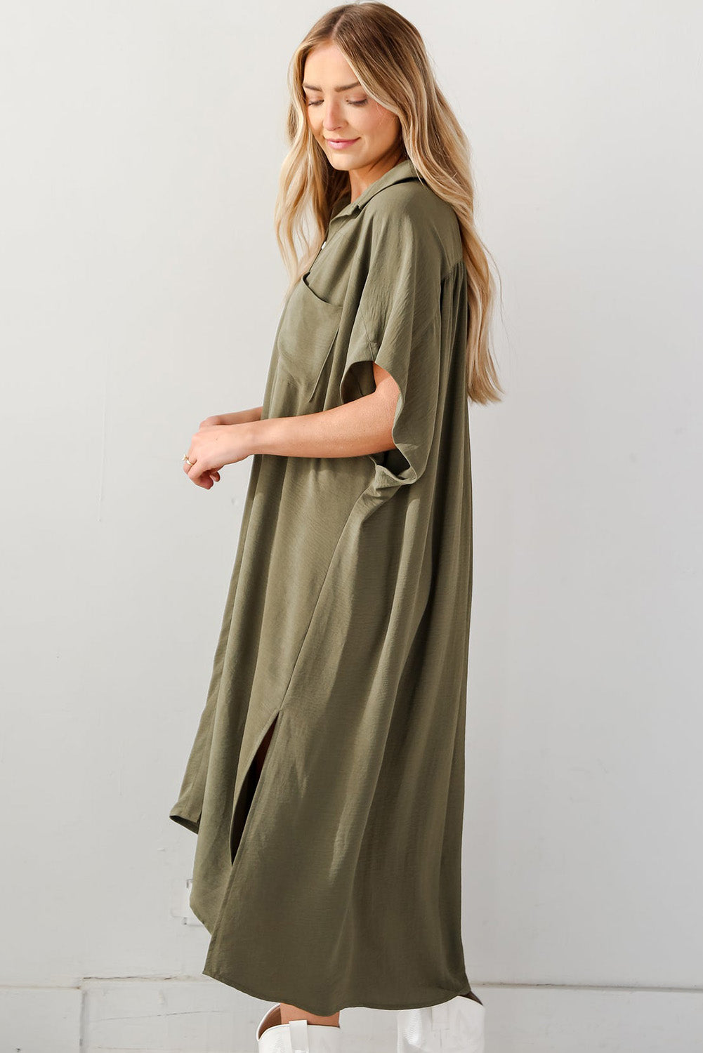 Loose High Low Side Slits Short Sleeve Shirt Dress, S-XL