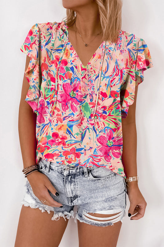 Floral Ruffled Sleeve V Neck Summer Blouse, S-XL