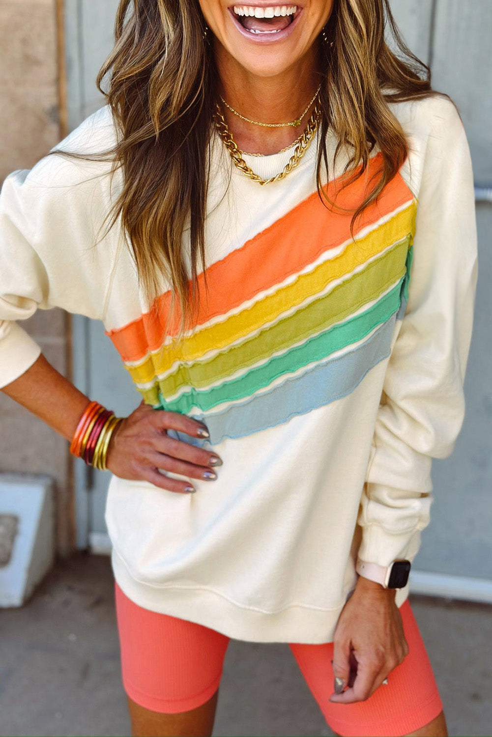 Rainbow Colorblock Striped Pullover Sweatshirt, S-XL