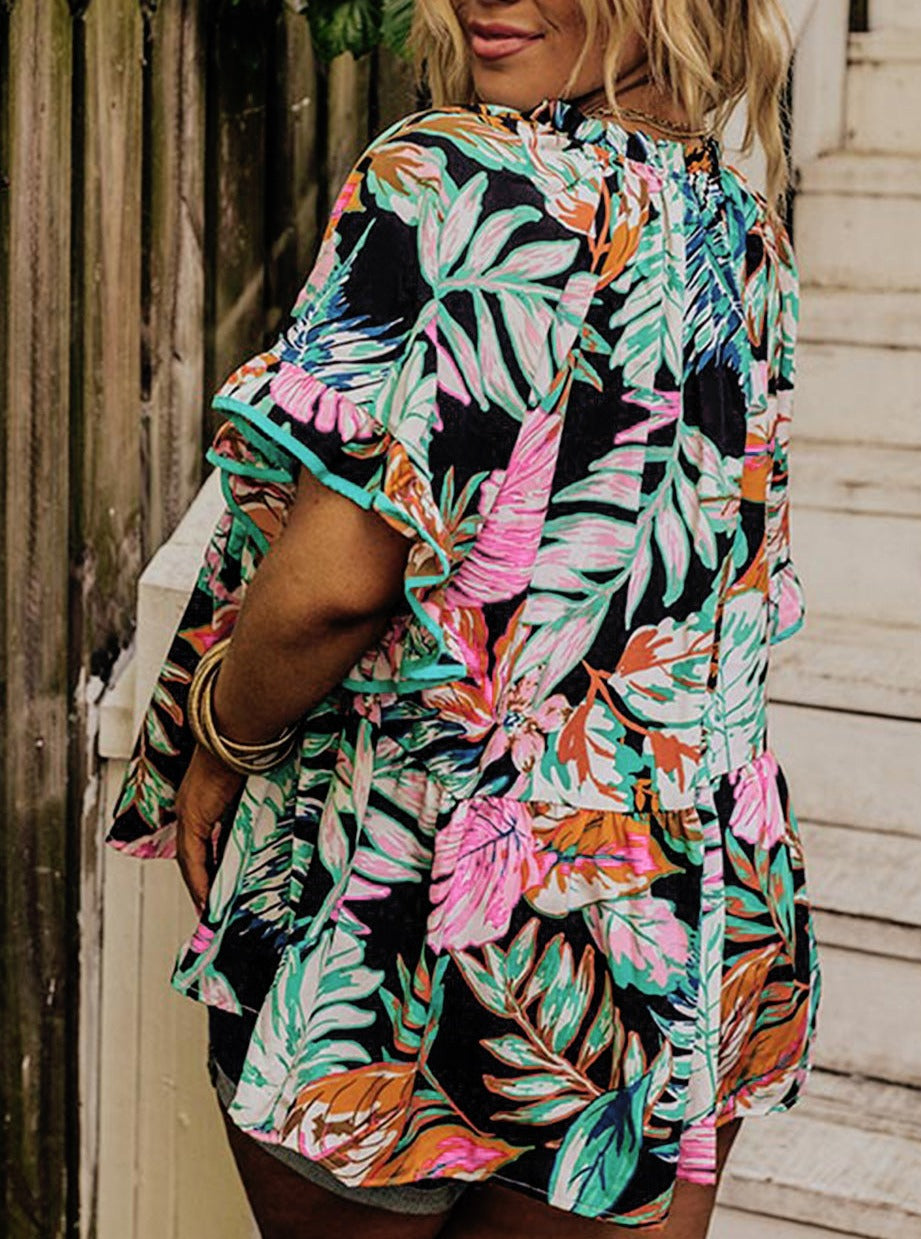 Tropical Print Ruffled Sleeve Flowy Blouse, 1XL-3XL