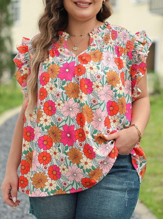 Floral Notched Neck Ruffle Sleeve Blouse, 1XL-3XL