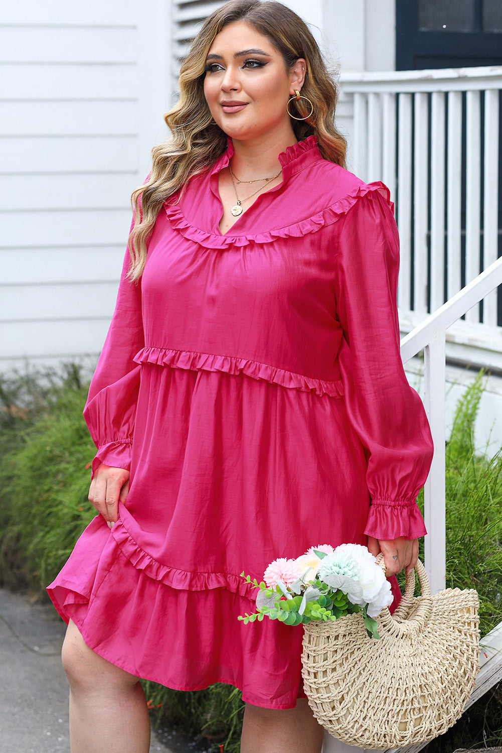 Ruffled Bubble Sleeve Dress, 1XL-3XL