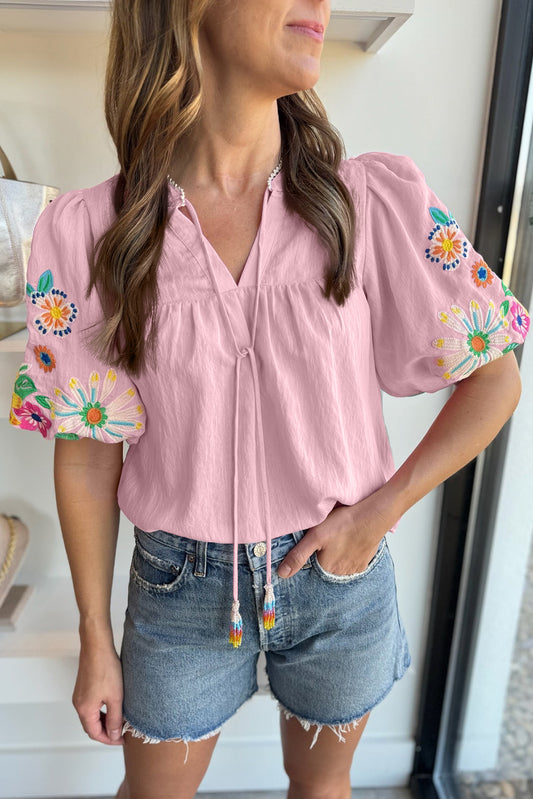 Floral Embroidered Puff Sleeve Split Neck Blouse, S-XL