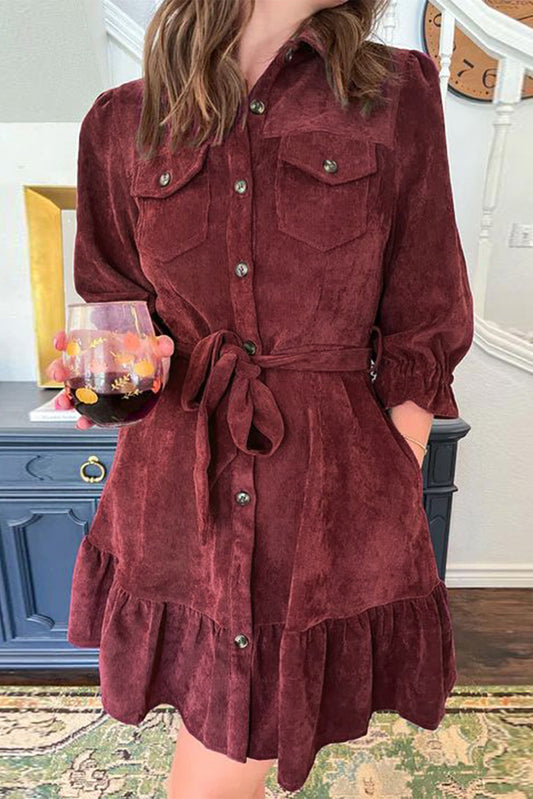 Buttons Front Ruffled Hem Shirt Corduroy Dress, S-XL