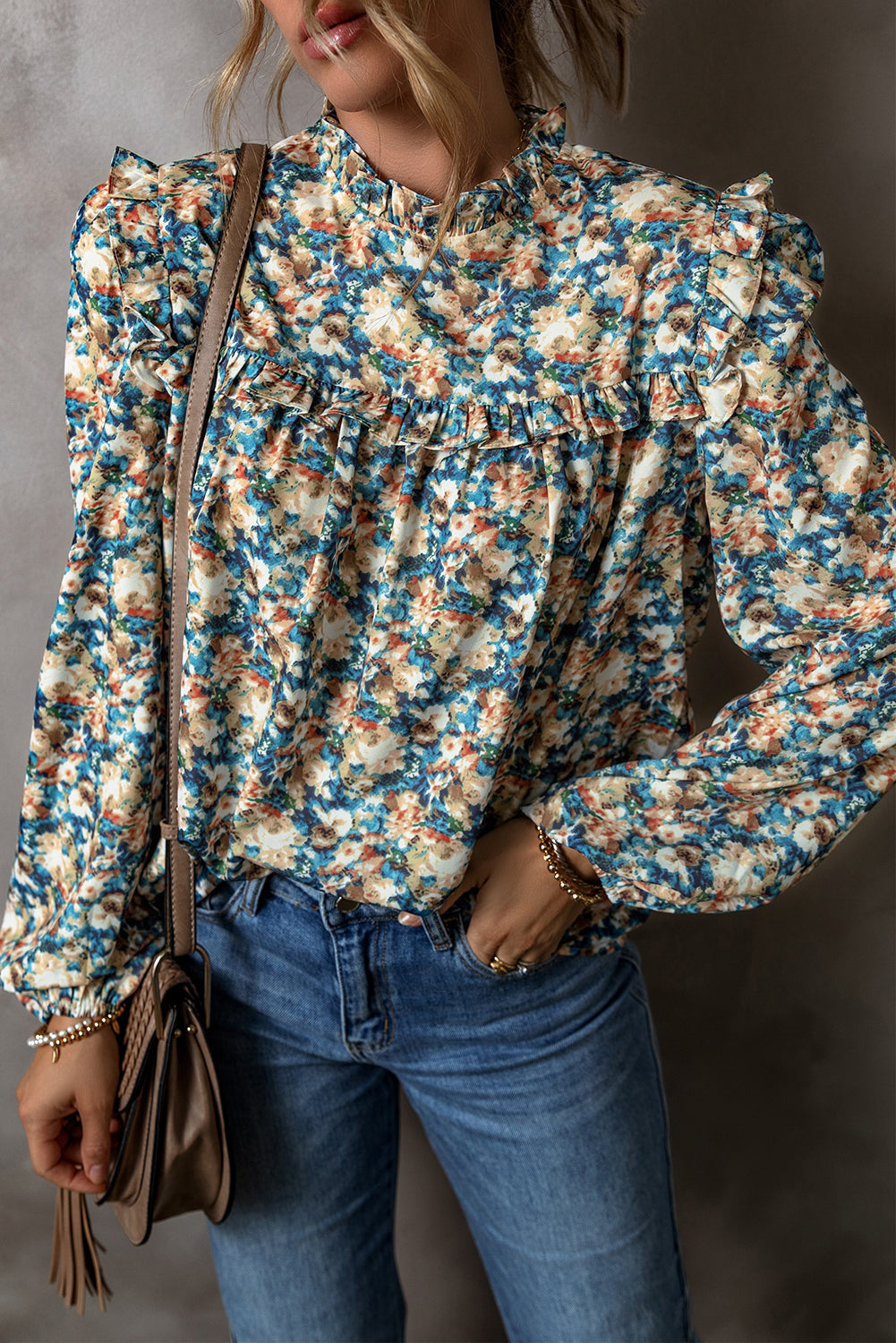 Floral Print Frilled Mock Neck Puff Sleeve Blouse, S-XL