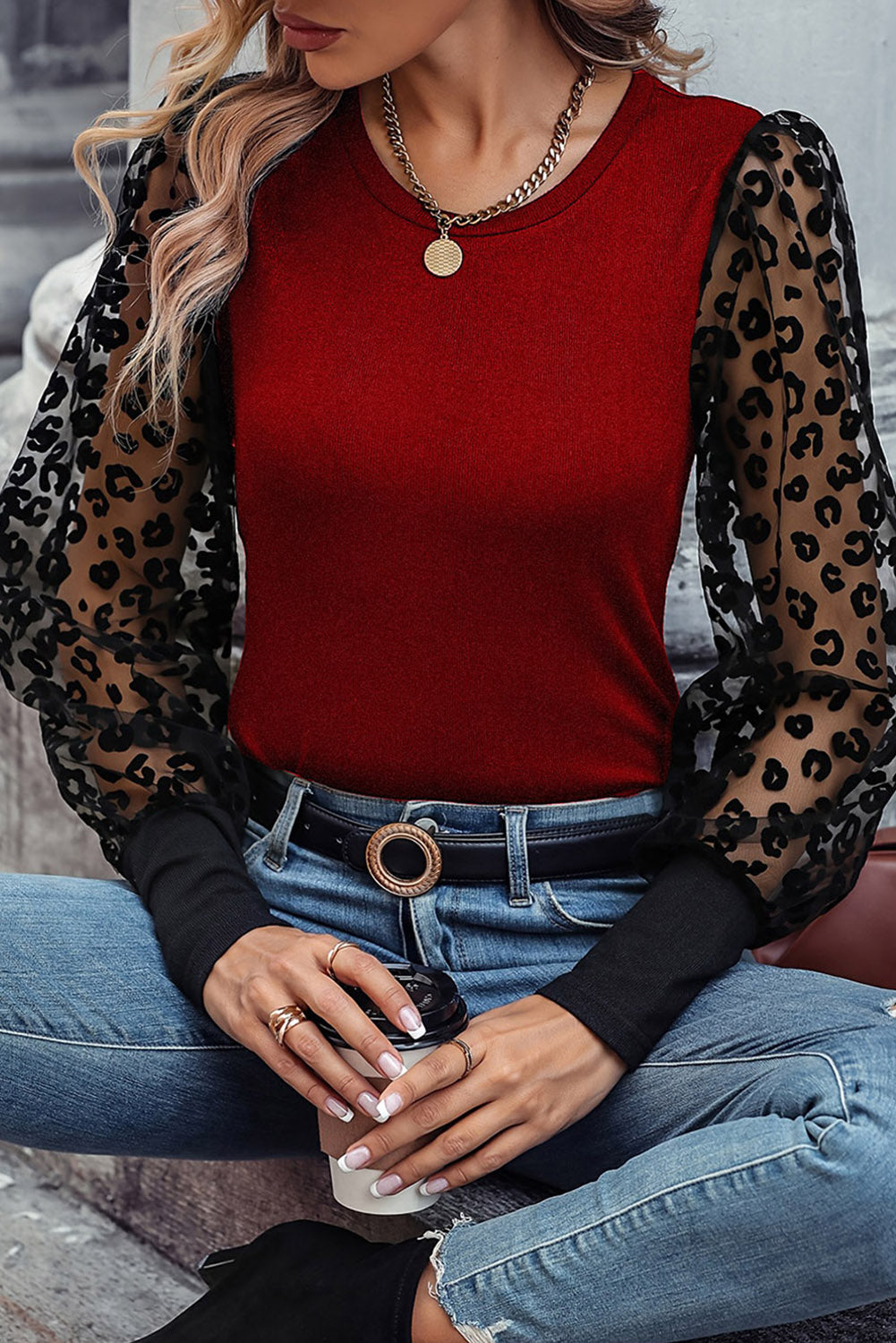 Black Casual Leopard Transparent Peasant Sleeve Shirt, S-2XL