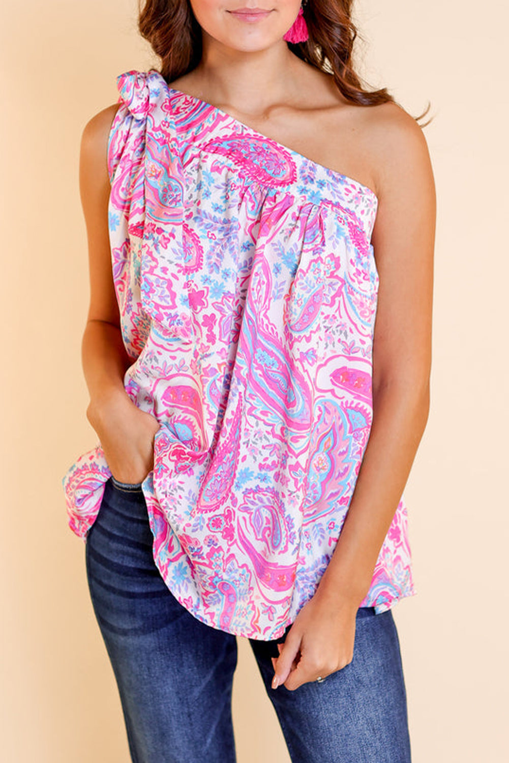 Knotted One Shoulder Paisley Print Tank Top, S-XL