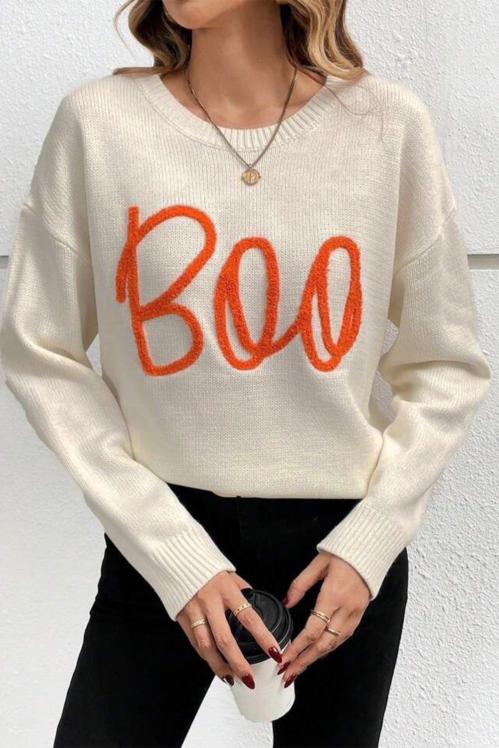 Boo Knitted Pattern Ribbed Edge Drop Shoulder Sweater, S-2XL, two color choices