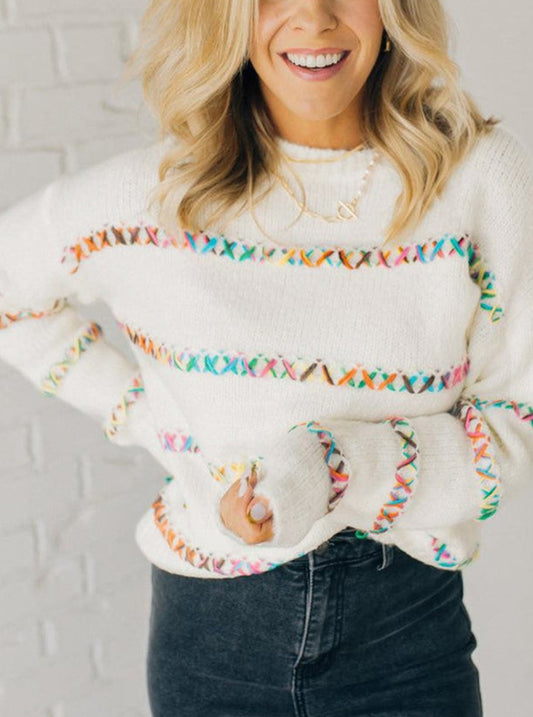 Colorful Crossed Stitch Drop Shoulder Sweater, S-2XL