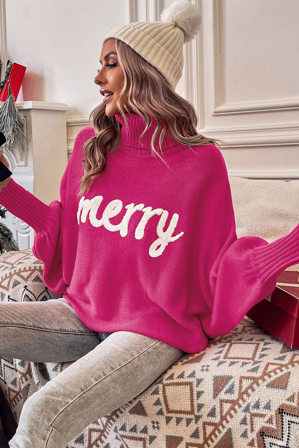 Merry Letter Embroidered High Neck Sweater, S-XL