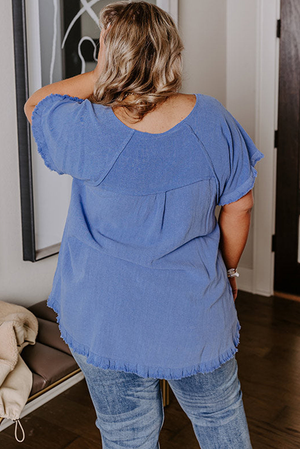 Short Sleeve Frayed Edge Top, 1XL-3XL