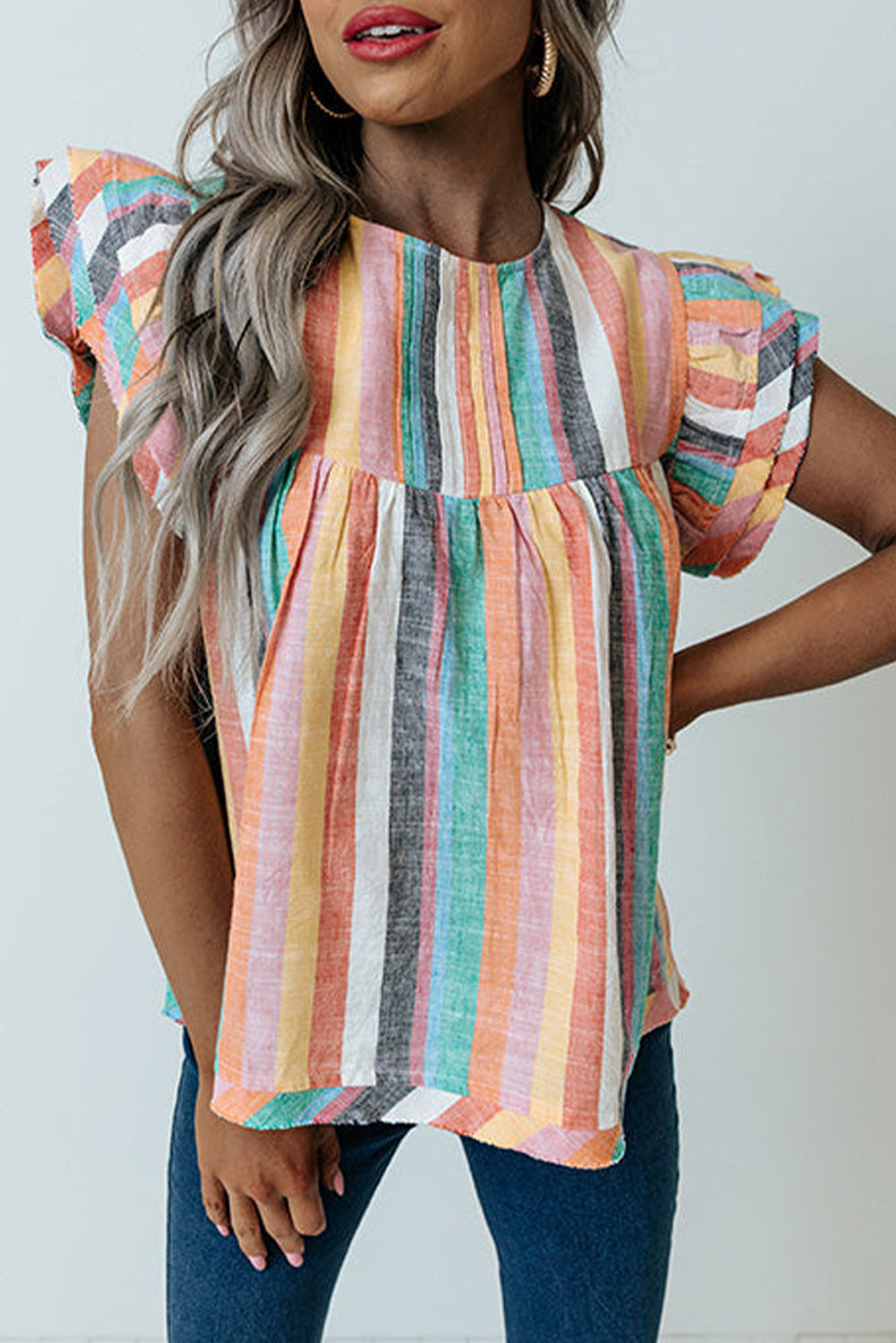 Multicolor Striped Tiered Ruffle Cap Sleeve Top, S-2XL, Two color choices!