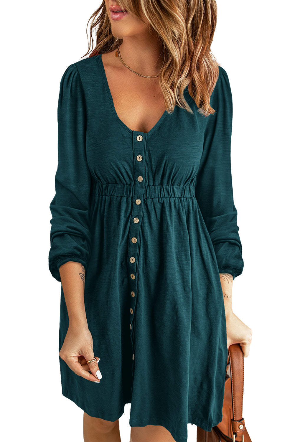 Button Up High Waist Long Sleeve Dress, S-2XL, Several color choices!