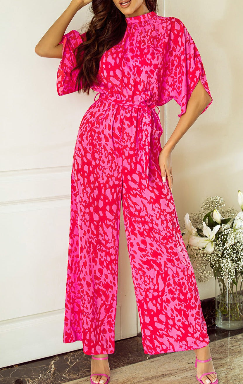 Leopard Loose Sleeve Belted Wide Leg Jumpsuit, S-XL