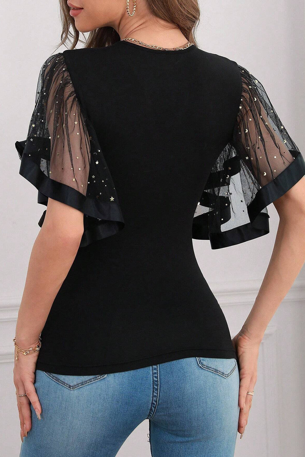 Starry Mesh Flutter Sleeve Slim Fit Top, S-XL