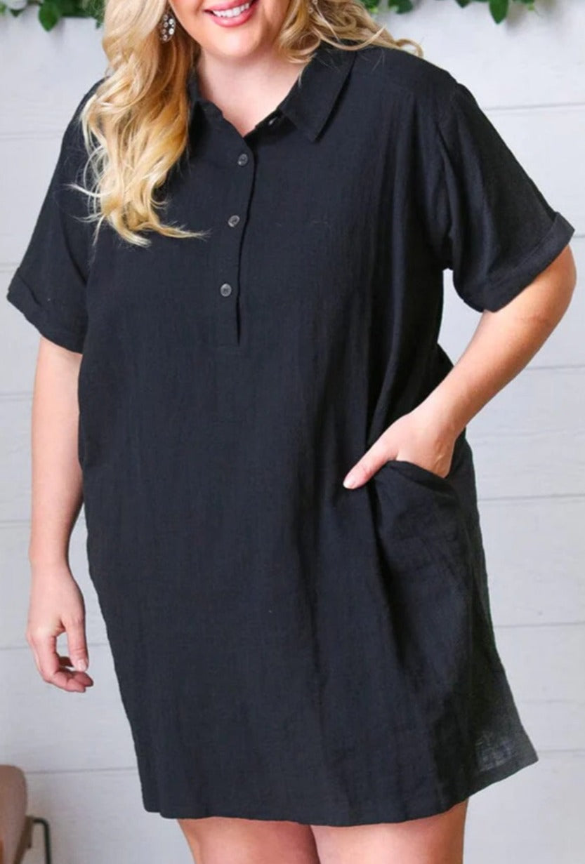 Shirt Collar Buttoned Short Sleeve Shift Dress, 1XL-3XL