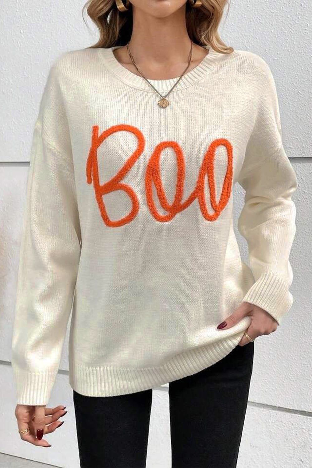 Boo Knitted Pattern Ribbed Edge Drop Shoulder Sweater, S-2XL, two color choices