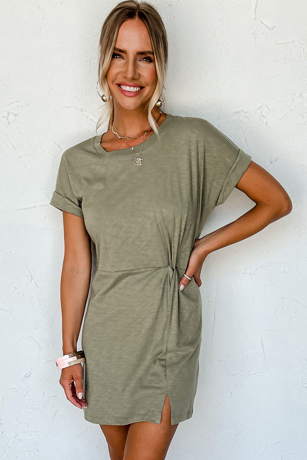 Folded Sleeve Twisted Mini T-Shirt Dress, S-XL