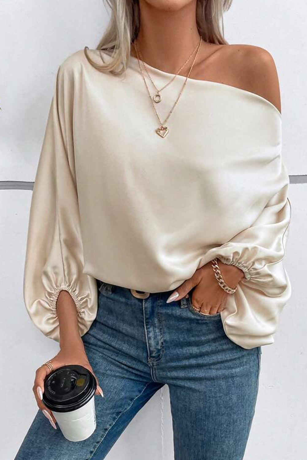 Asymmetrical Neck Balloon Sleeve Satin Blouse, S-XL