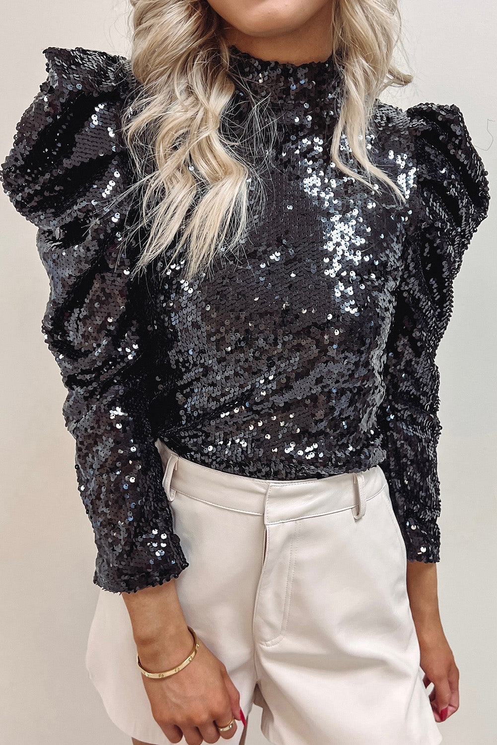 Sequin Mock Neck Bubble Sleeve Top, S-XL