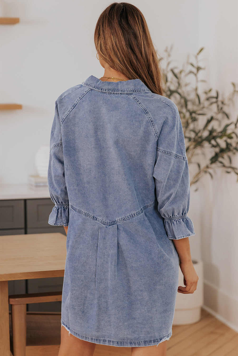 Gray Buttoned Long Sleeve Denim Dress, S-XL