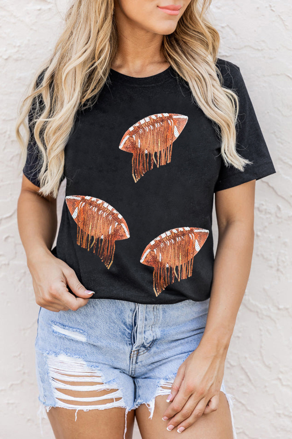 Sequin Fringed Rugby Graphic T Shirt, S-2XL