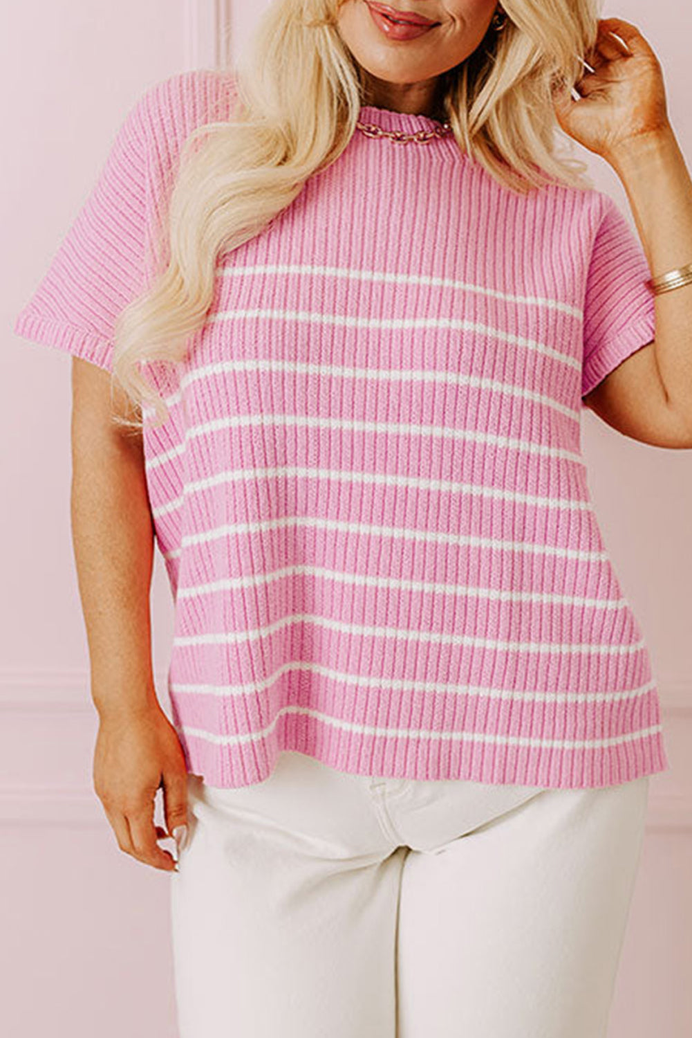 Stripe Ribbed Loose T Shirt, 1XL-3XL