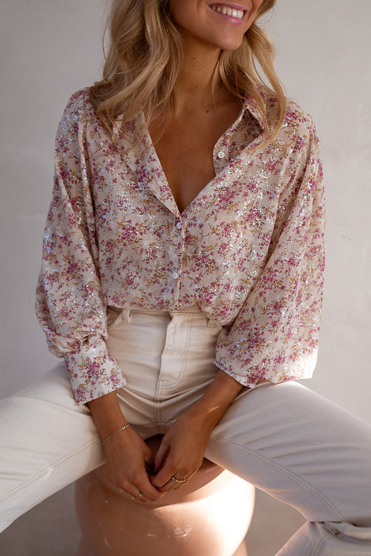 Floral Print Bishop Sleeve Collared V Neck Shirt, S-XL