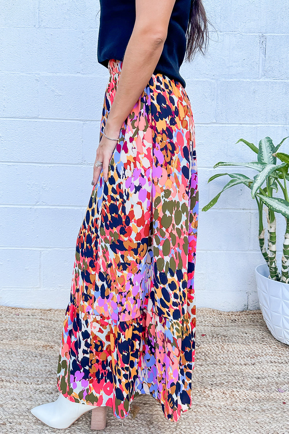 Abstract Floral Print Ruffled High Waist Maxi Skirt, S-XL