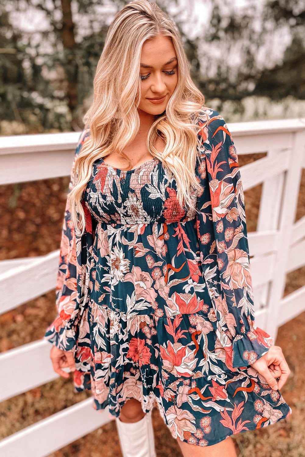 Dark Blue Floral Smocked Tiered Ruffle Puff Sleeve Short Dress, S-XL