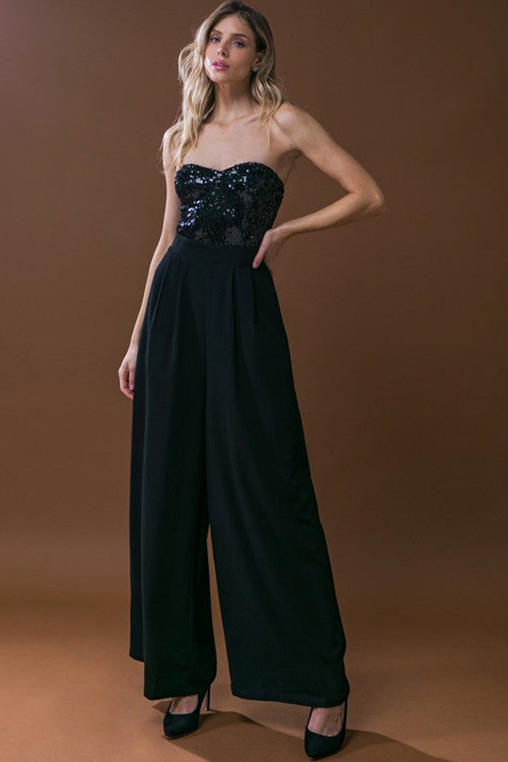 Black Sequin Tube Top Wide Leg Jumpsuit, S-XL