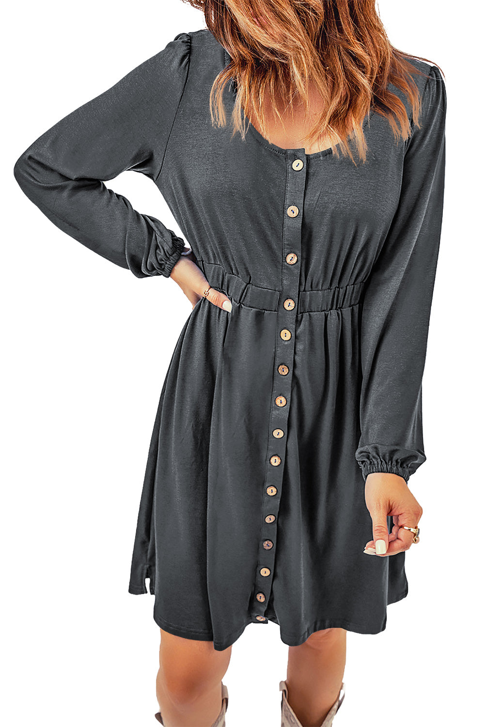 Button Up High Waist Long Sleeve Dress, S-2XL, Several color choices!