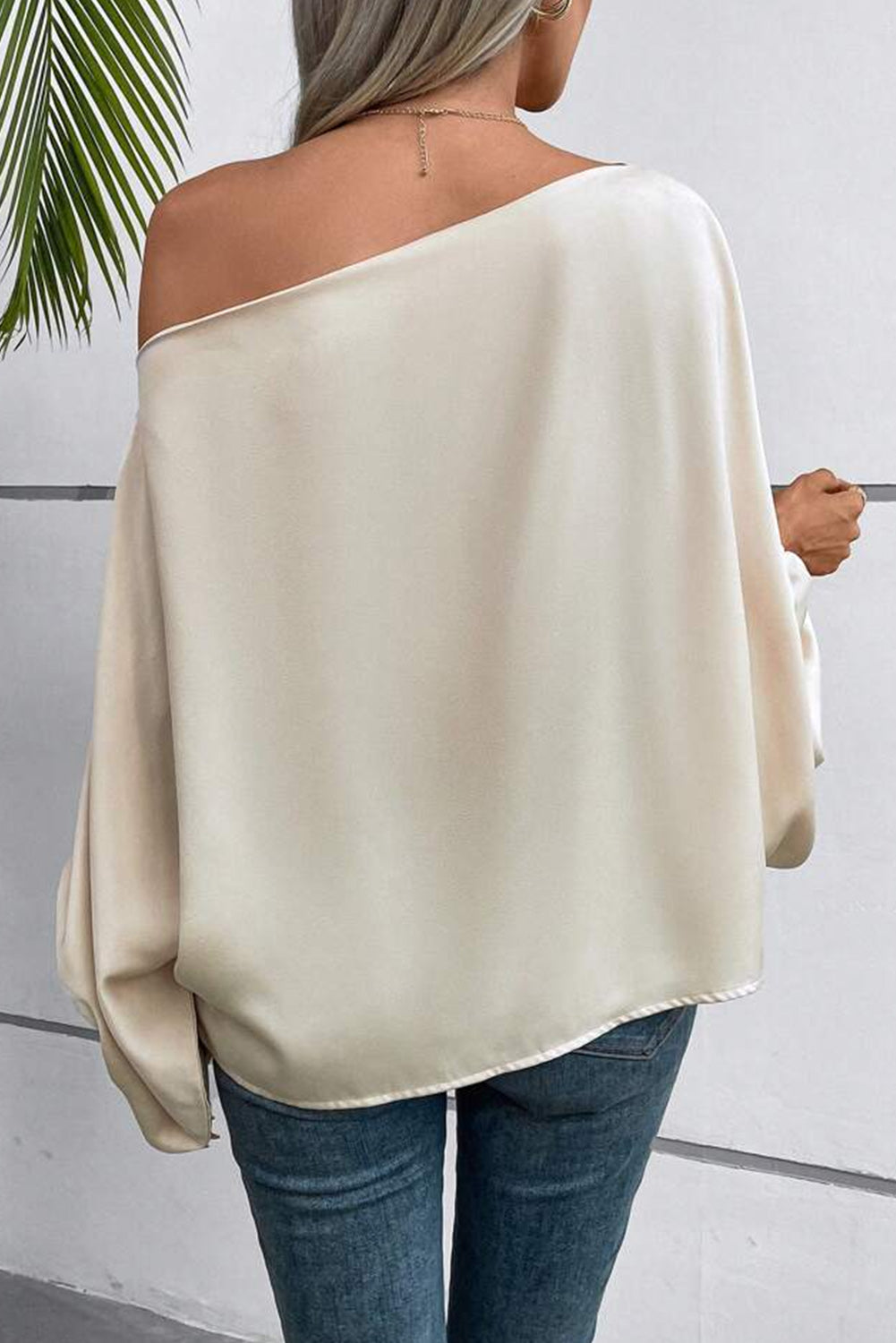 Asymmetrical Neck Balloon Sleeve Satin Blouse, S-XL