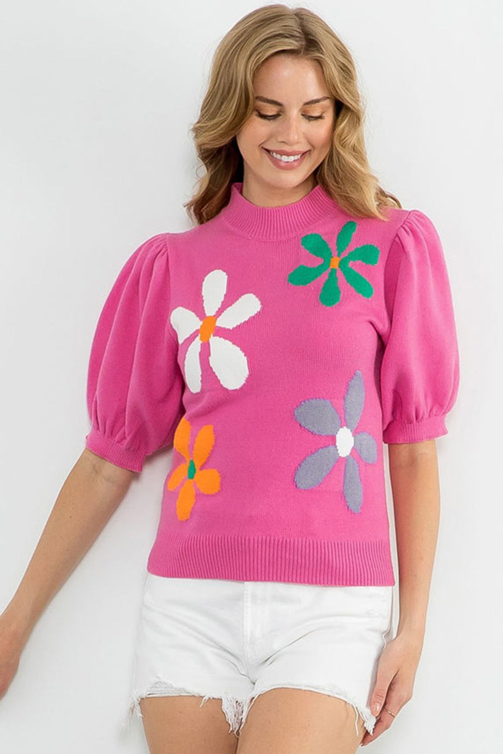 Floral Bubble Short Sleeve Sweater, S-XL