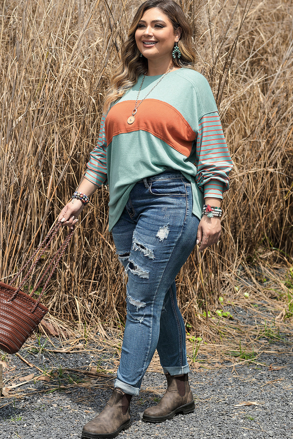 Striped Long Sleeve Color Block Tee, 1XL-3XL