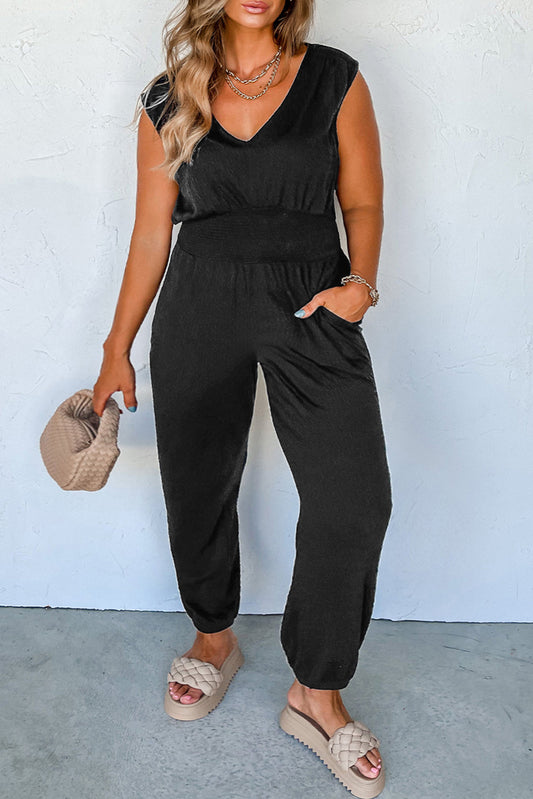 Smocked High Waist Sleeveless V Neck Jumpsuit, 1XL-3XL