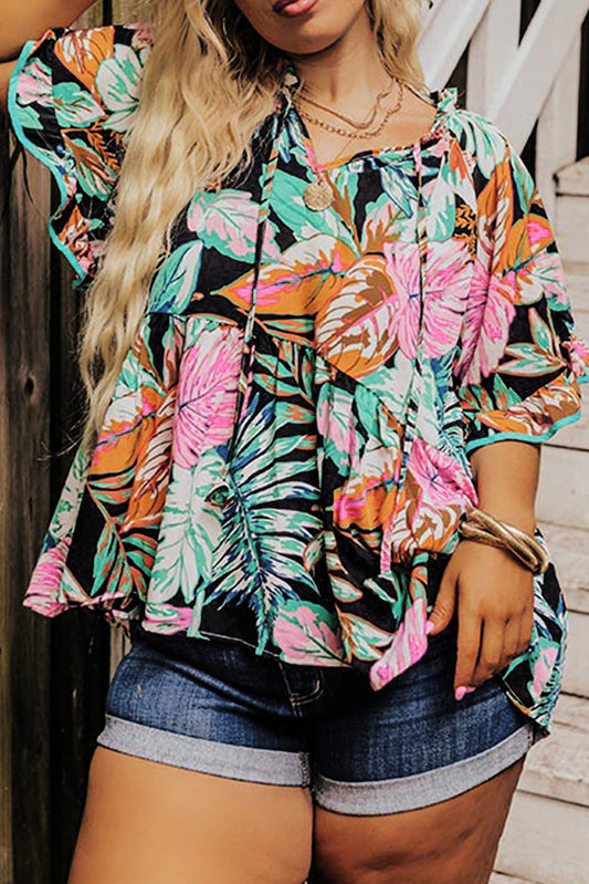 Tropical Print Ruffled Sleeve Flowy Blouse, 1XL-3XL