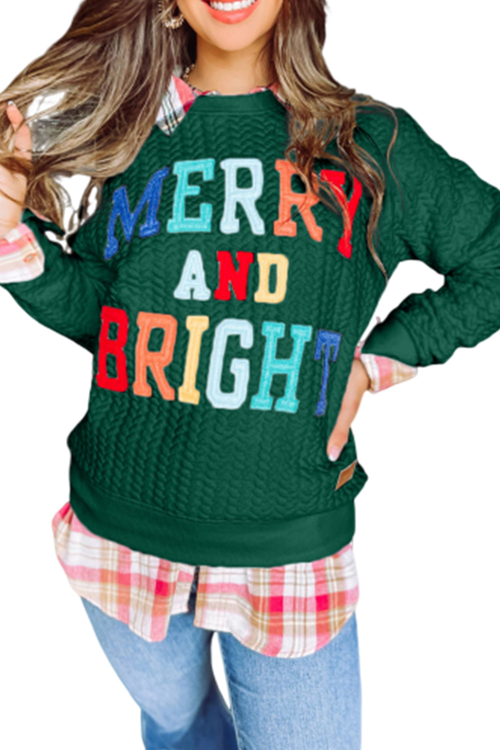 Bright White Merry And Bright Cable Knit Pullover Sweatshirt, S-XL